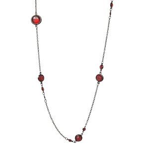 Red Glass Stone Station Necklace Blackened Metal Chain Boho Costume Jewelry